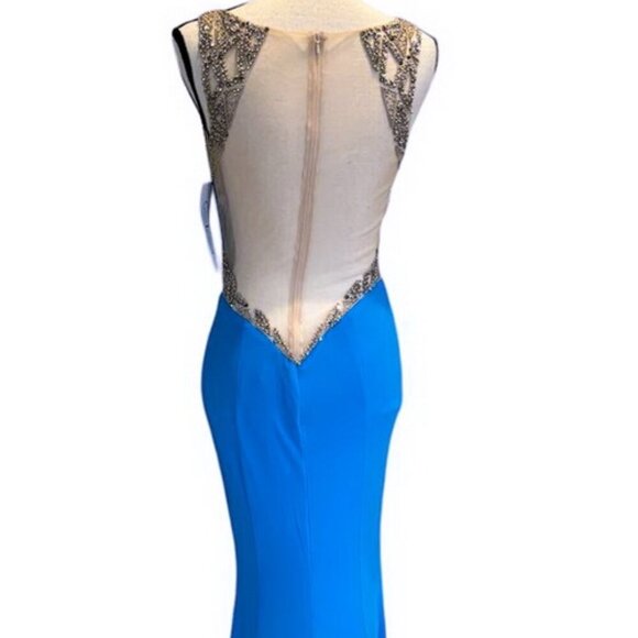 Xcite Turquoise Blue Embellished Beaded Illusion Jersey Gown - Picture 3 of 4